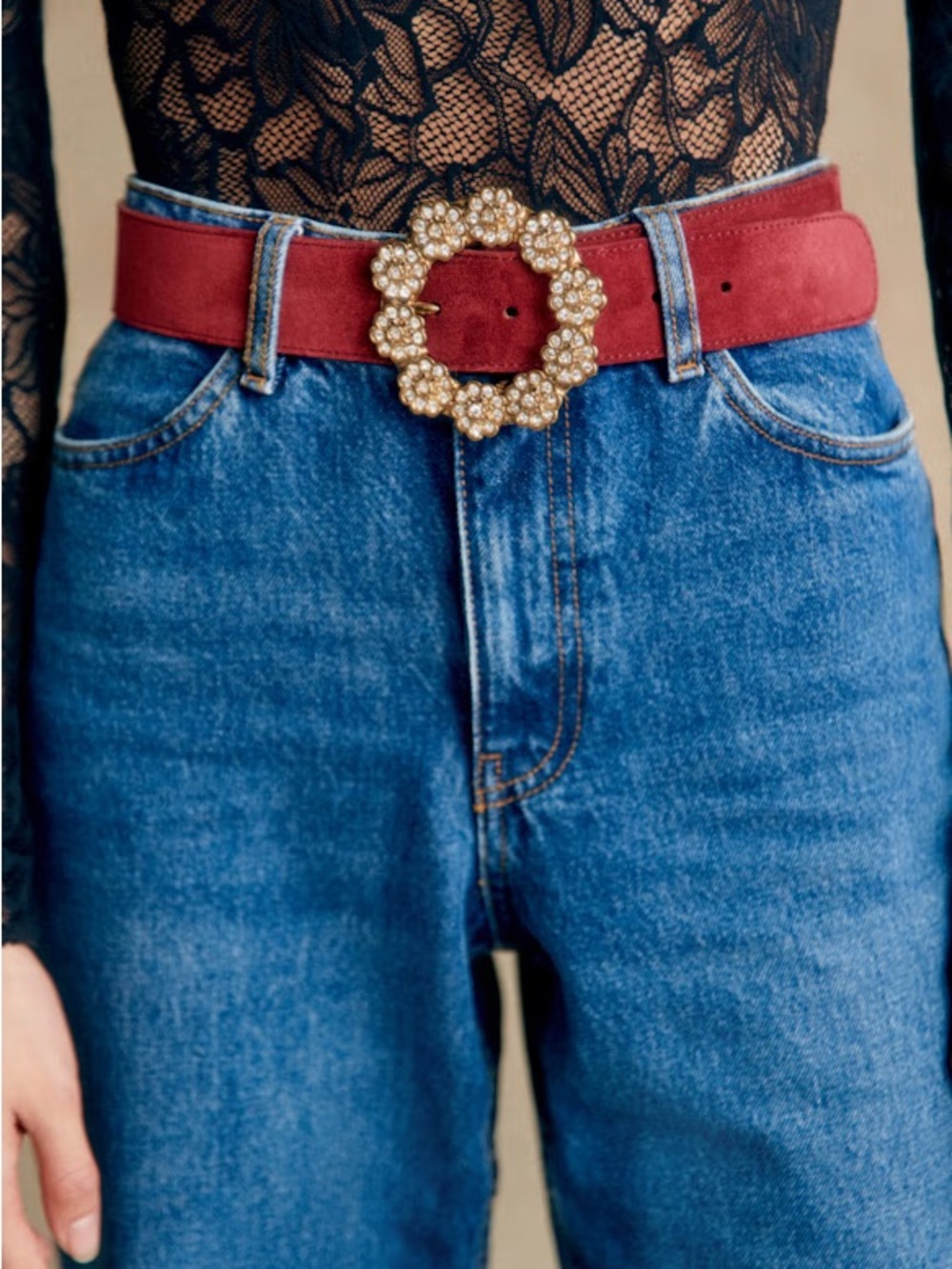 SÉZANE FÉLICIE BELT Gold Floral Crystal Buckle Red Suede Belt